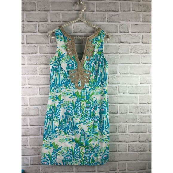 Lilly Pulitzer Janice Shift Dress High Beam Lighthouses Gold Metallic Trim Size - Picture 10 of 10